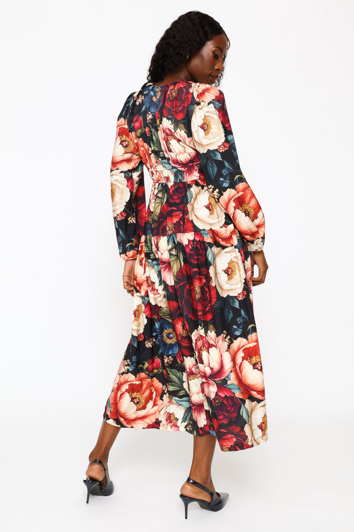Puff Sleeve V-Neck Tiered Midi Dress - Multi