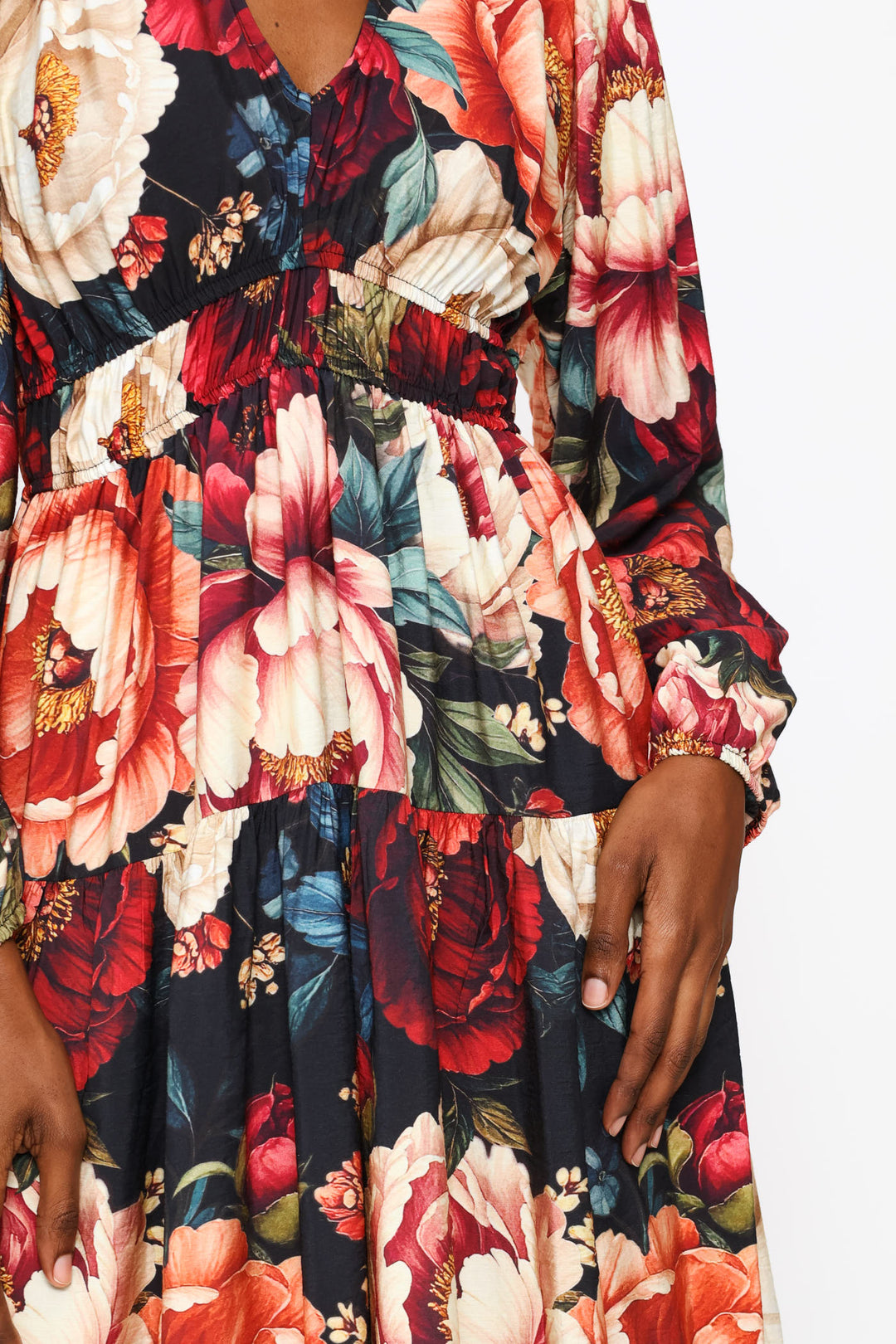 Puff Sleeve V-Neck Tiered Midi Dress - Multi
