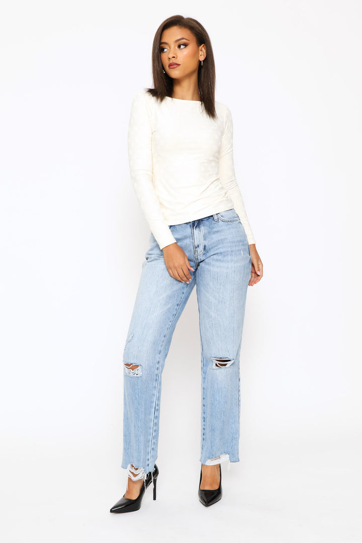 Long Sleeve Scoop Back Nadene Top - White
