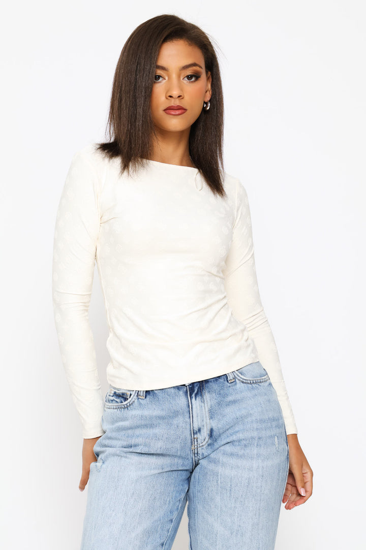 Long Sleeve Scoop Back Nadene Top - White
