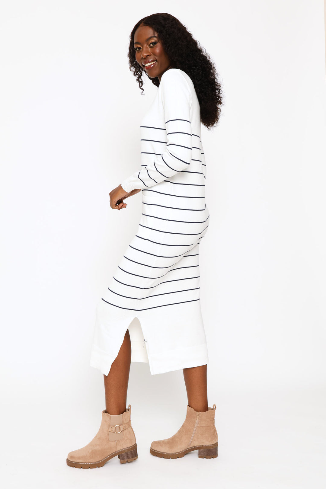Long Sleeve Stripe Column Sweater Dress - White/Navy