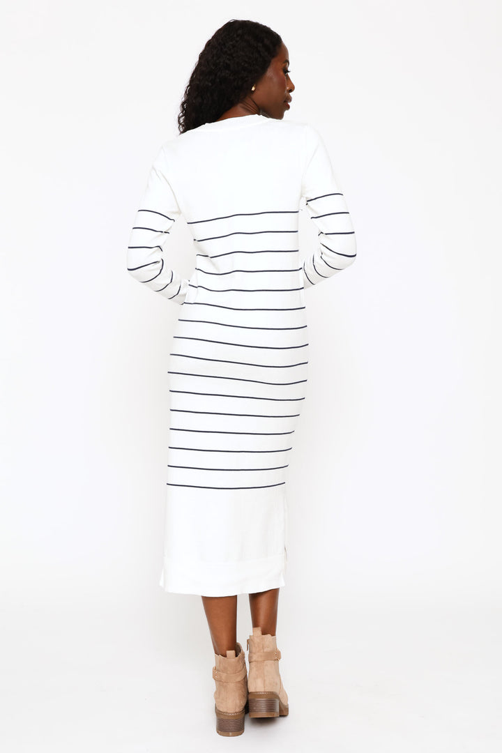 Long Sleeve Stripe Column Sweater Dress - White/Navy