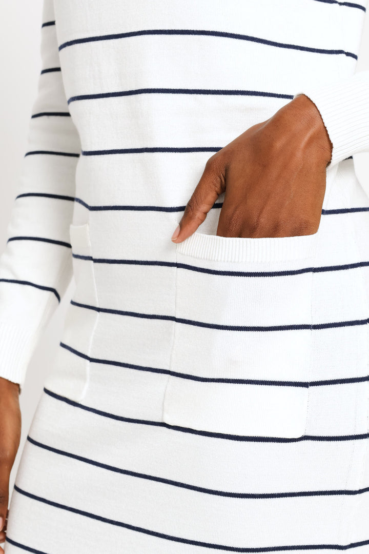 Long Sleeve Stripe Column Sweater Dress - White/Navy