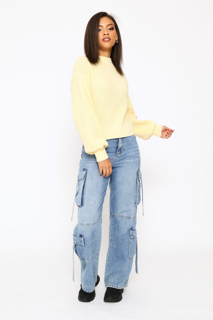 Plain  Knit Turtleneck Pullover - Yellow