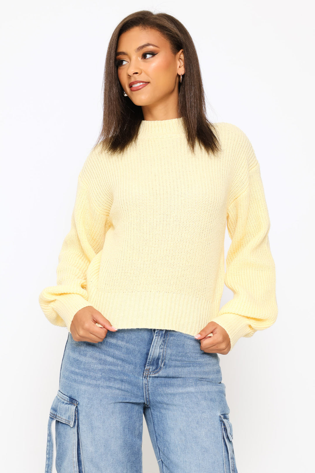 Plain  Knit Turtleneck Pullover - Yellow