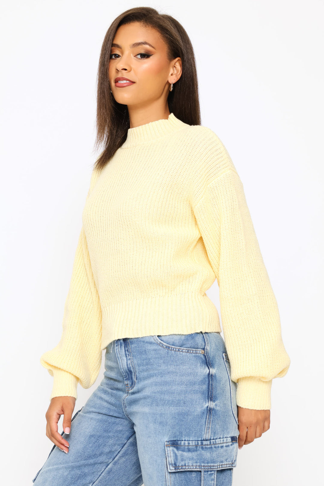 Plain  Knit Turtleneck Pullover - Yellow