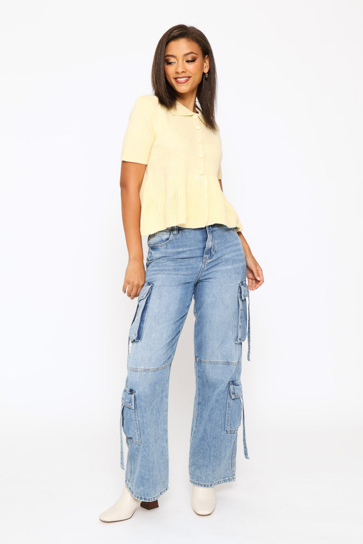 Button Through Collar Peplum Knit Top - Light Yellow