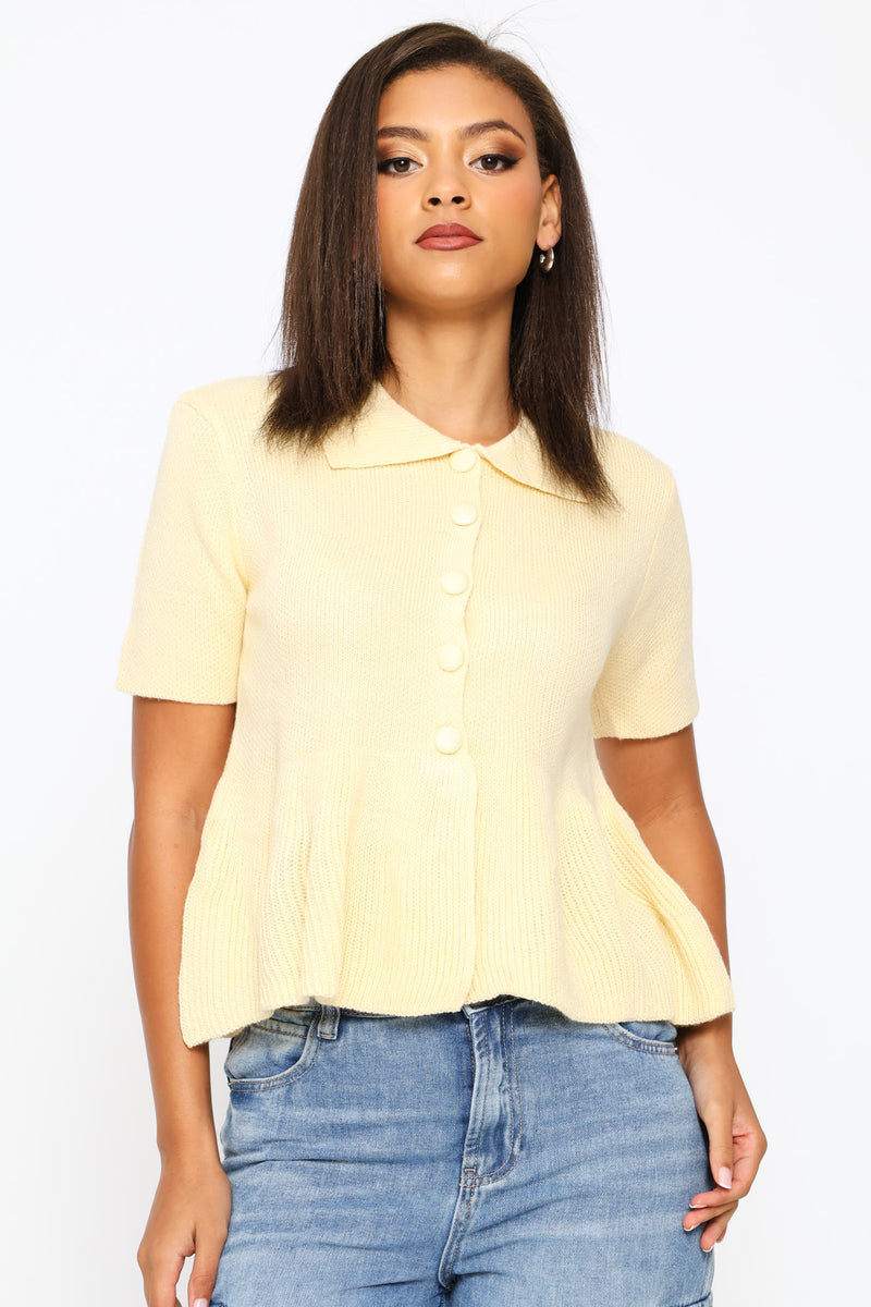 Button Through Collar Peplum Knit Top - Light Yellow