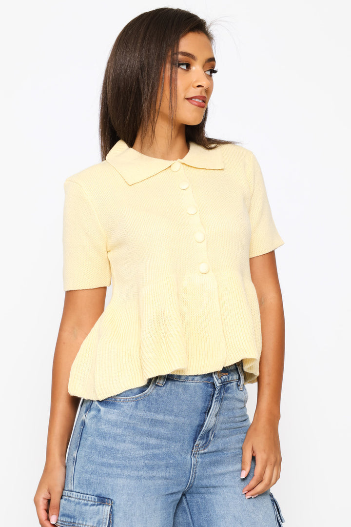 Button Through Collar Peplum Knit Top - Light Yellow
