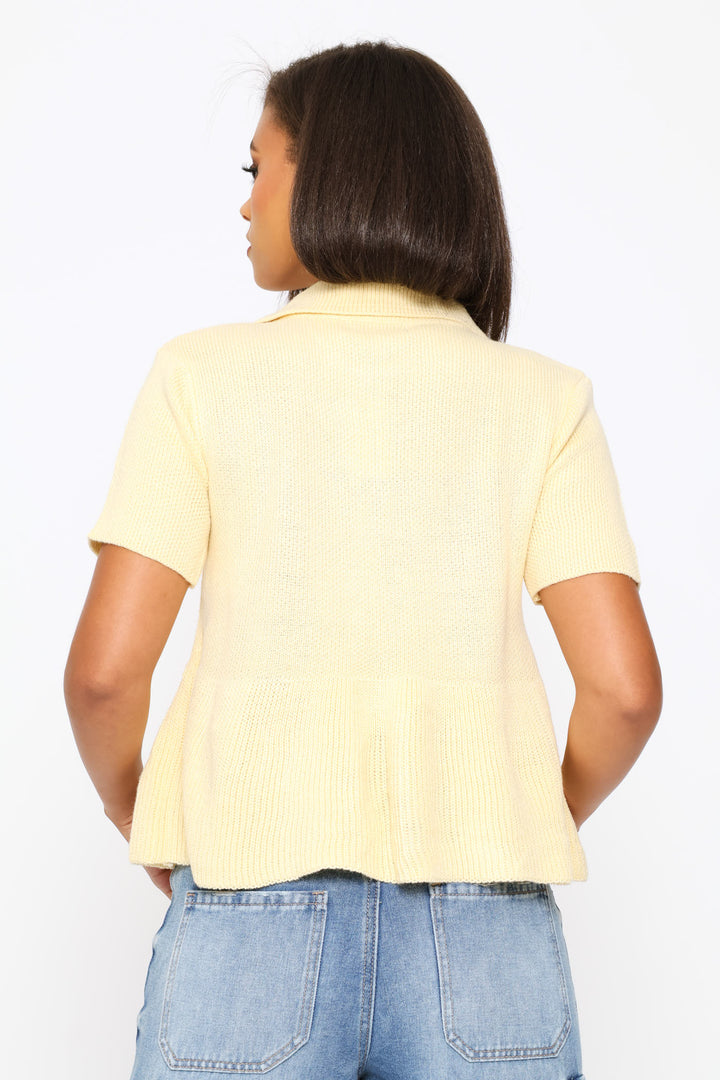 Button Through Collar Peplum Knit Top - Light Yellow