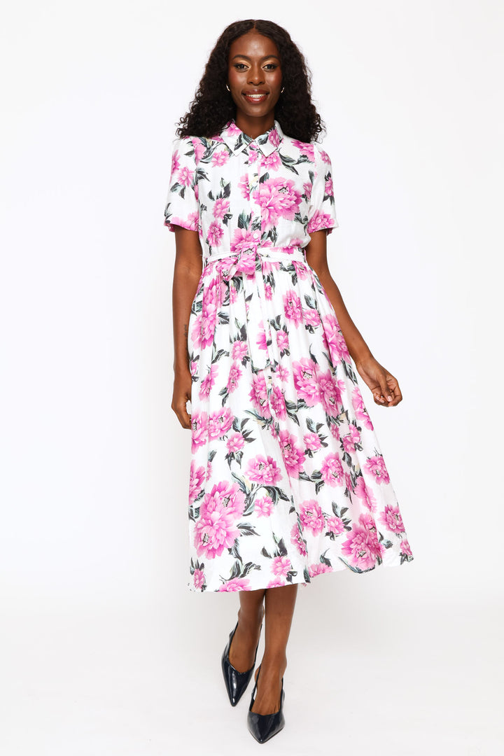 Half Sleeve Button Through Maxi Floral Dress - Pink