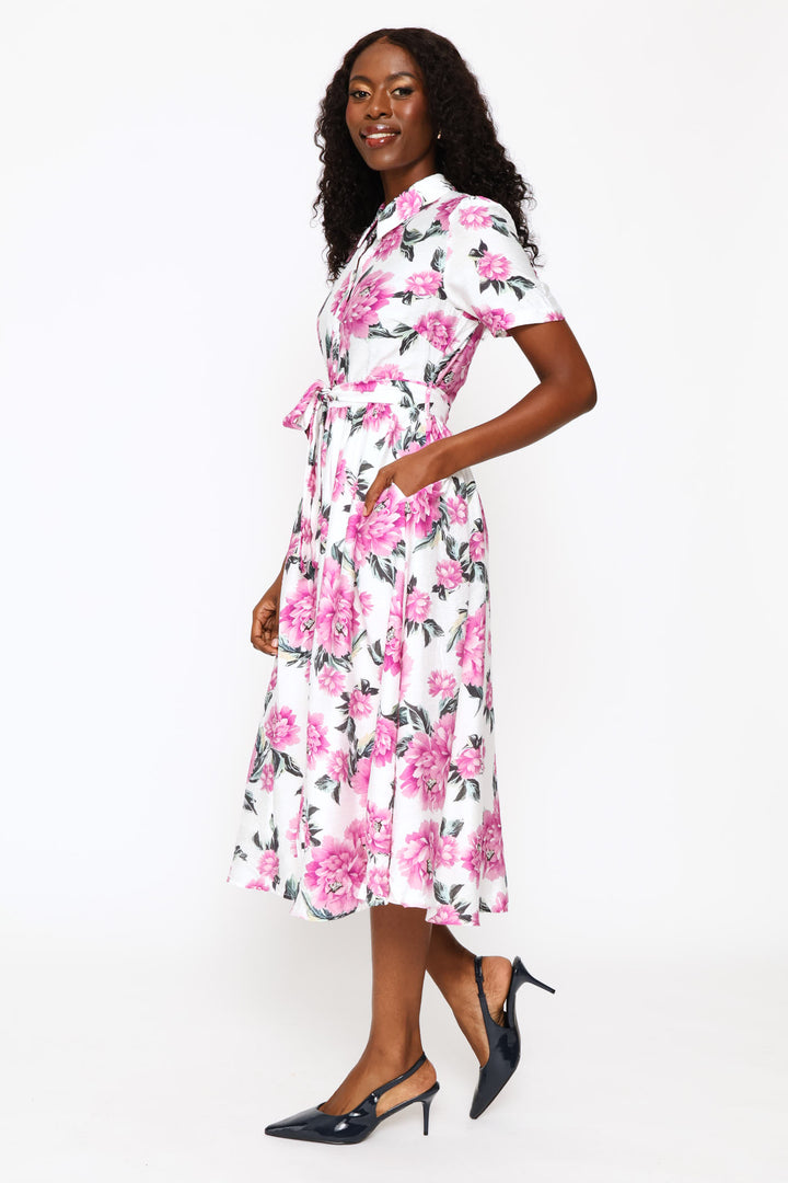 Half Sleeve Button Through Maxi Floral Dress - Pink