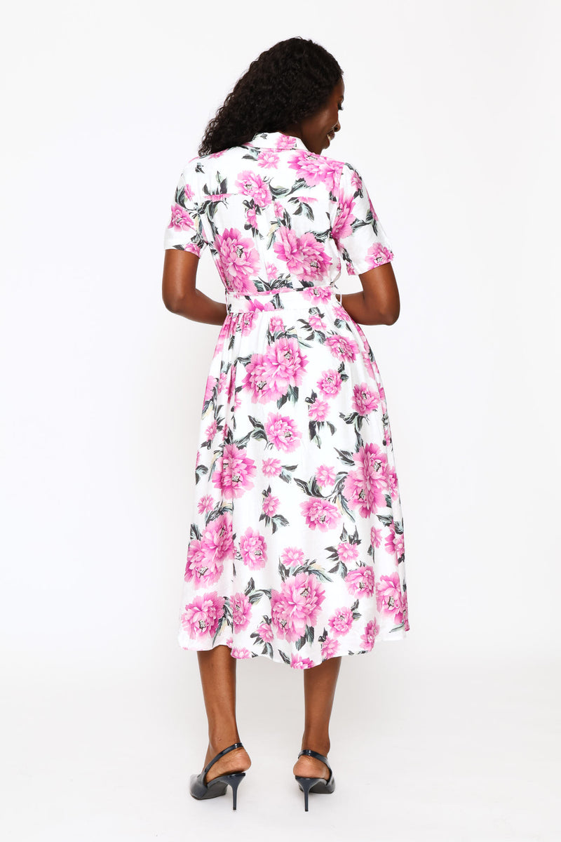 Half Sleeve Button Through Maxi Floral Dress - Pink