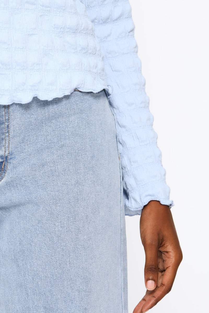 Long Sleeve Bubble Crinkle Tee - Light Blue
