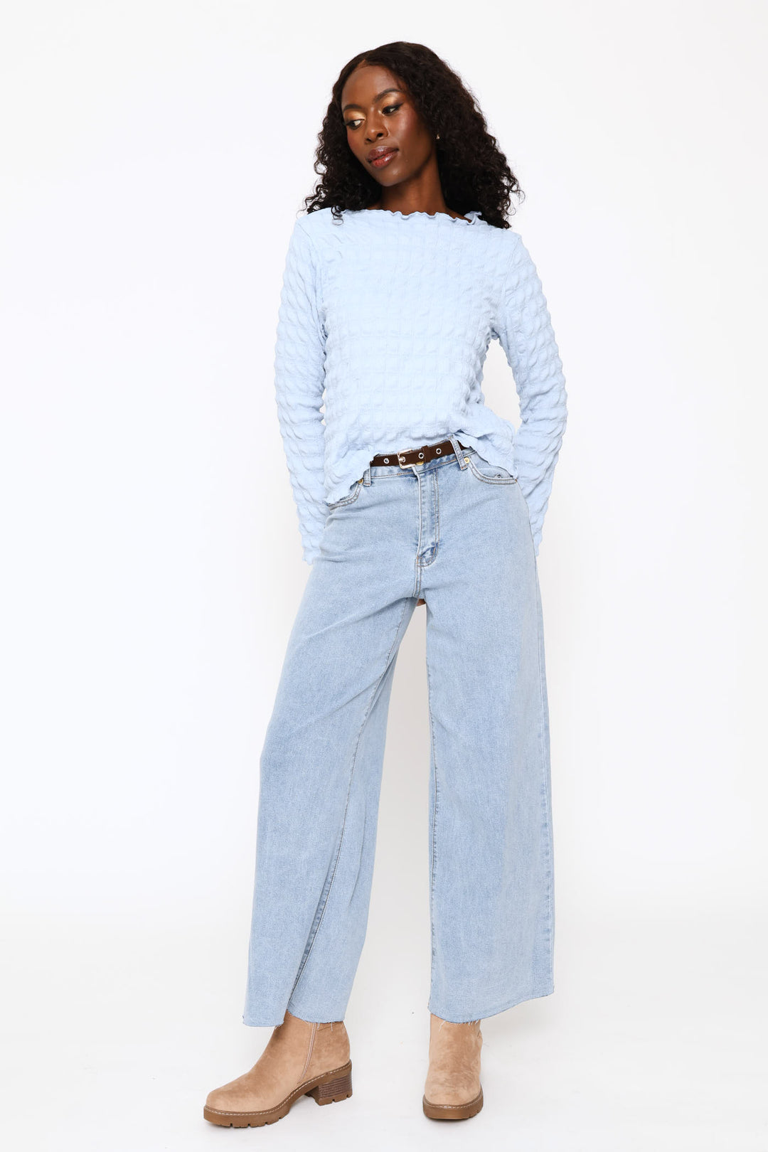 Long Sleeve Bubble Crinkle Tee - Light Blue