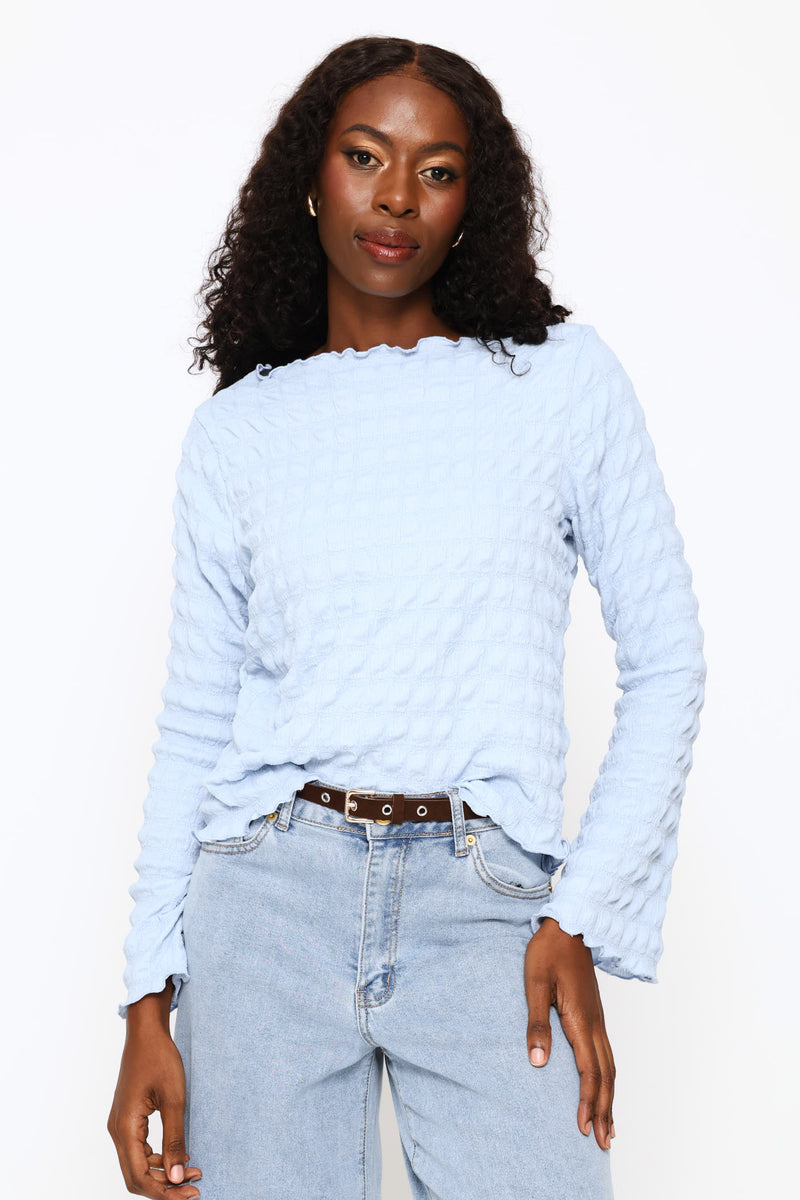 Long Sleeve Bubble Crinkle Tee - Light Blue