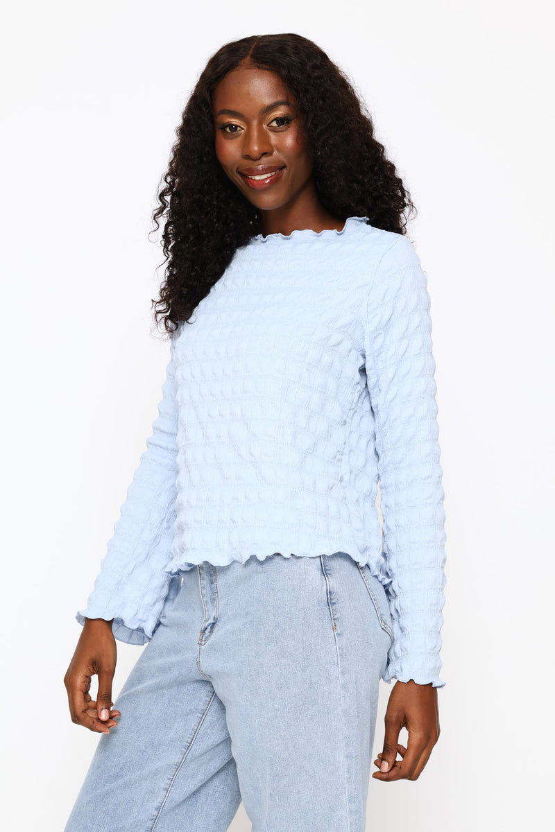 Long Sleeve Bubble Crinkle Tee - Light Blue