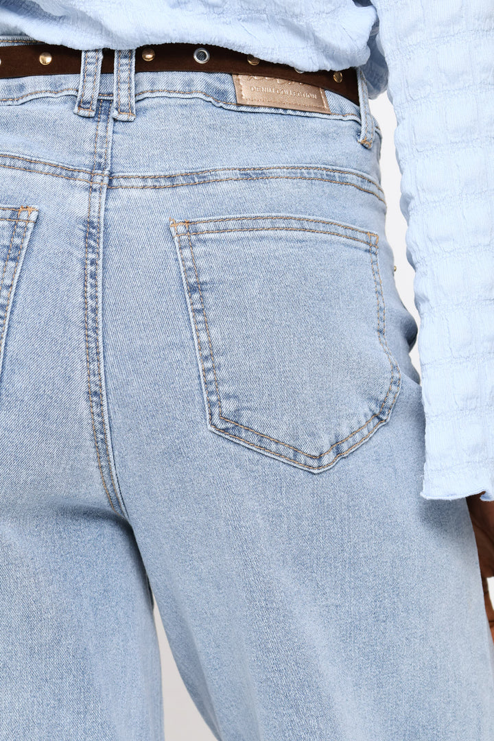 Raw Hem Eyelet Belted Wide Leg Ankle Grazer Denim - Light Wash