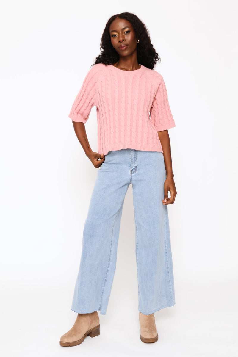 Raglan Cable Boxy Knitwear Tee - Dusty Pink