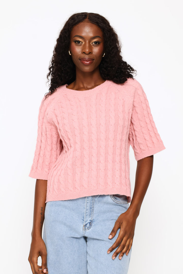Raglan Cable Boxy Knitwear Tee - Dusty Pink
