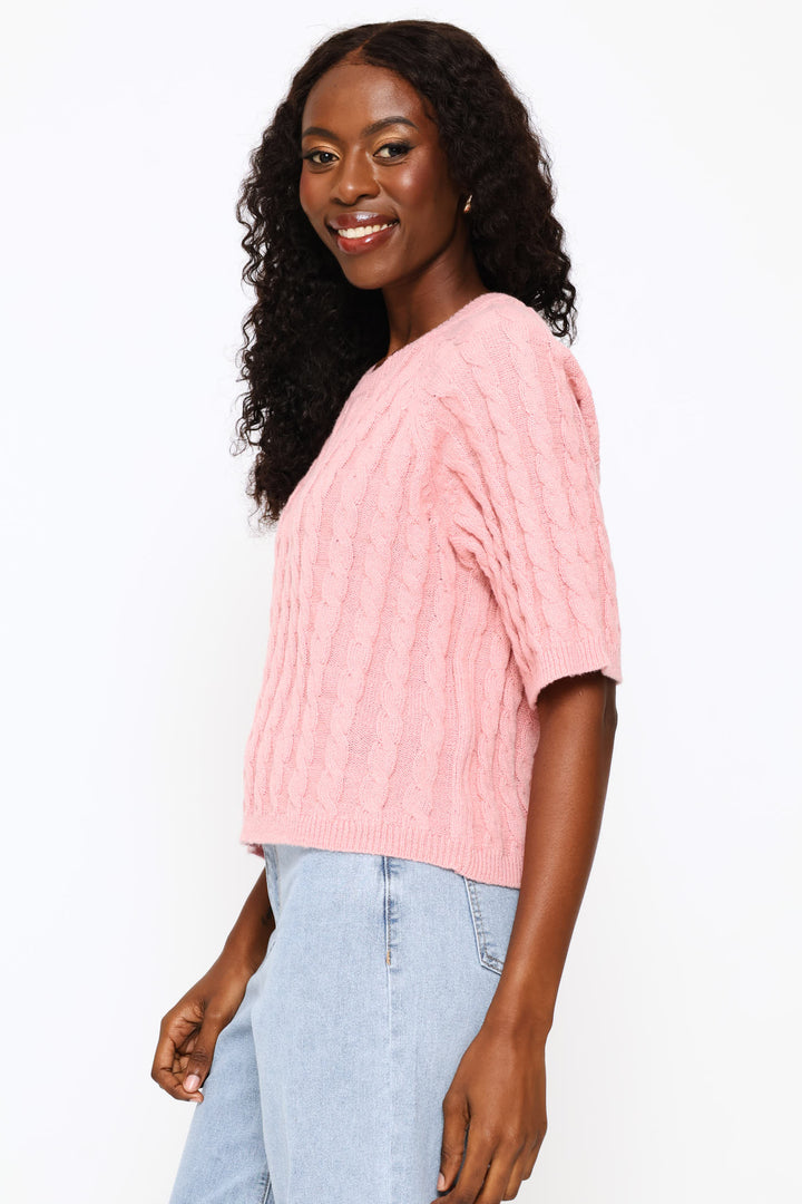 Raglan Cable Boxy Knitwear Tee - Dusty Pink