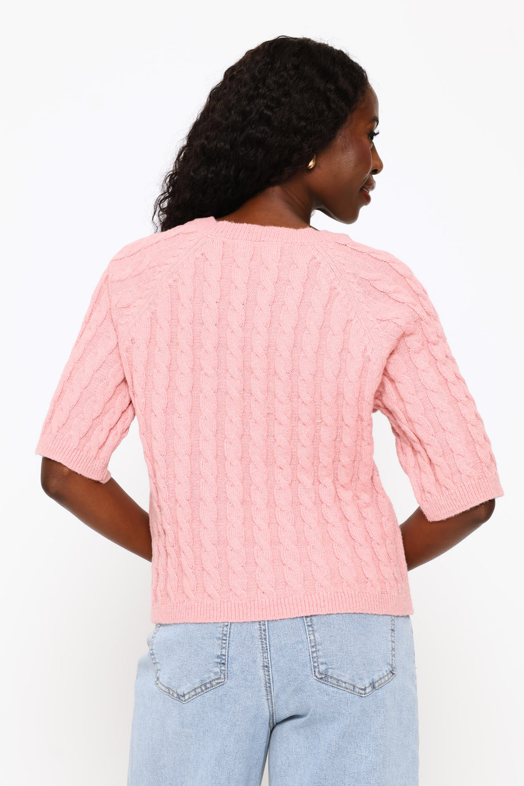 Raglan Cable Boxy Knitwear Tee - Dusty Pink