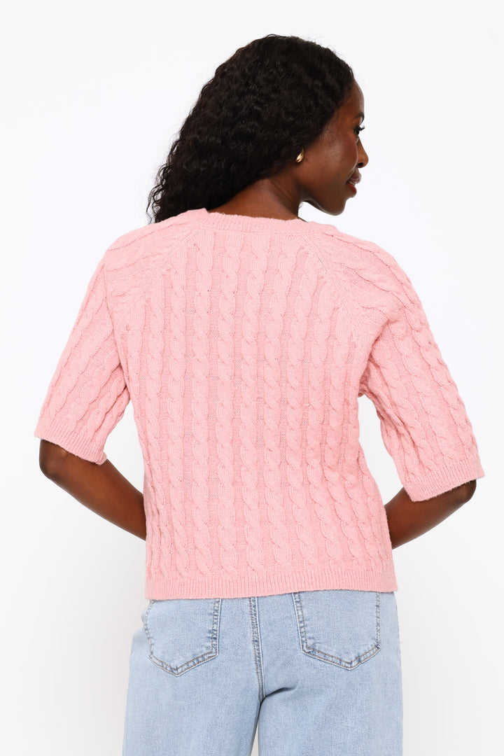 Raglan Cable Boxy Knitwear Tee - Dusty Pink