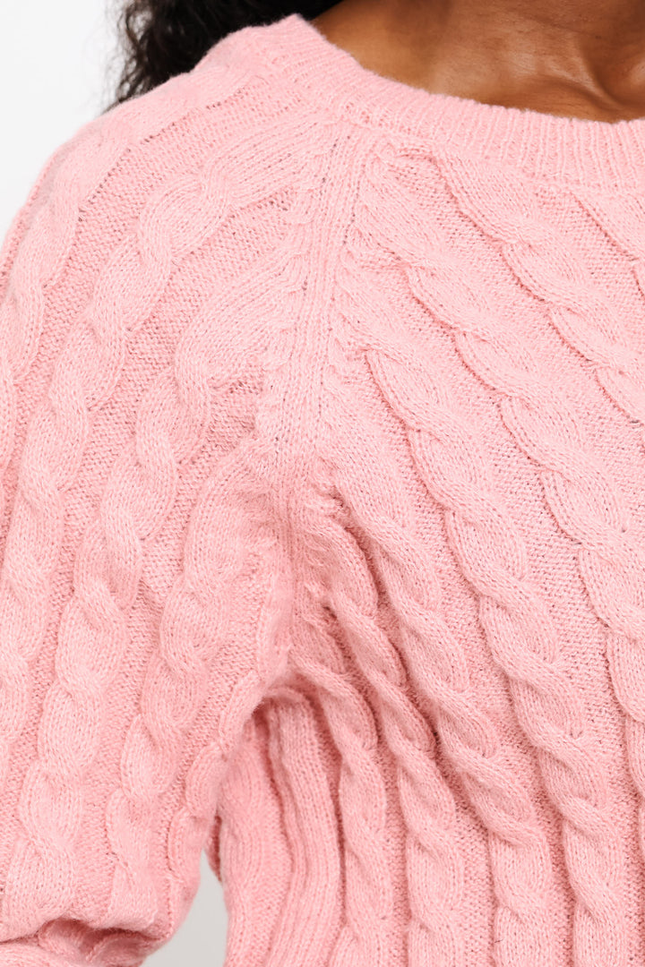 Raglan Cable Boxy Knitwear Tee - Dusty Pink