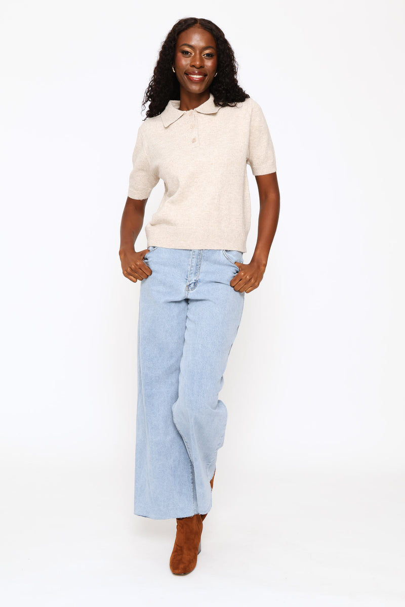 Quarter Placket Knitwear Golfer - Oatmeal Melange