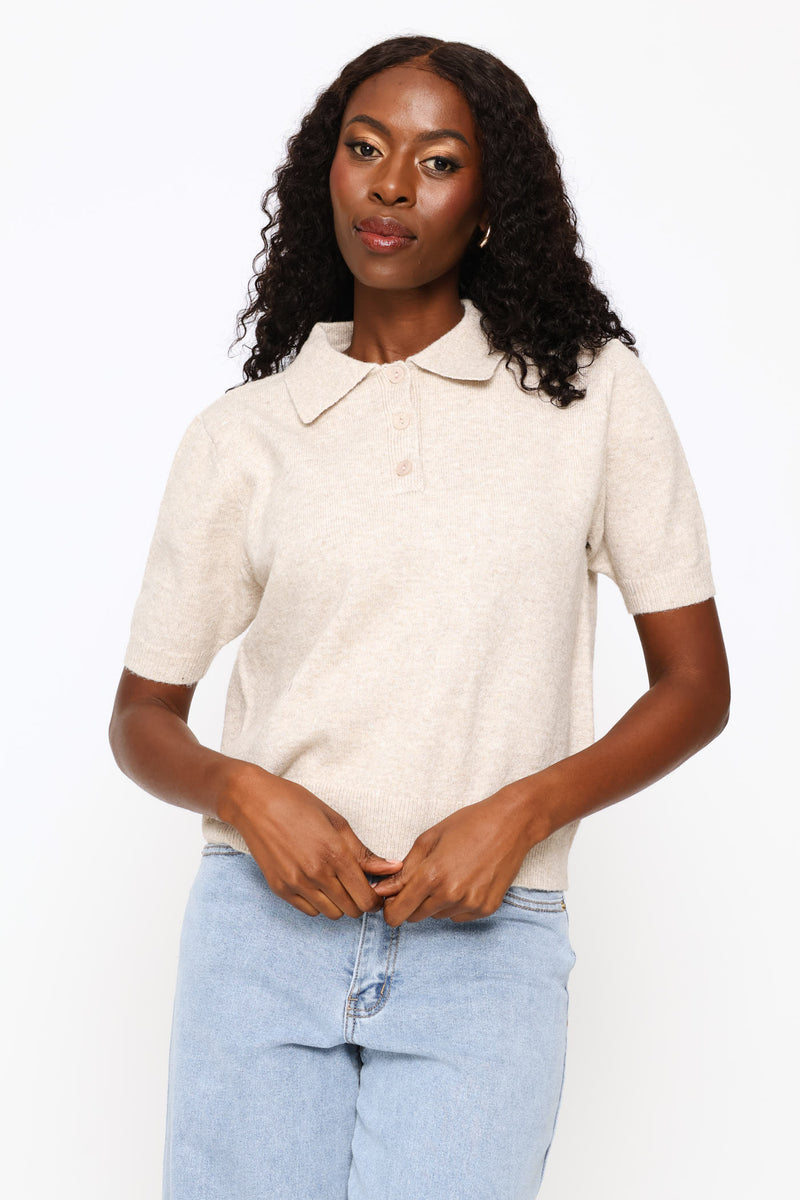 Quarter Placket Knitwear Golfer - Oatmeal Melange