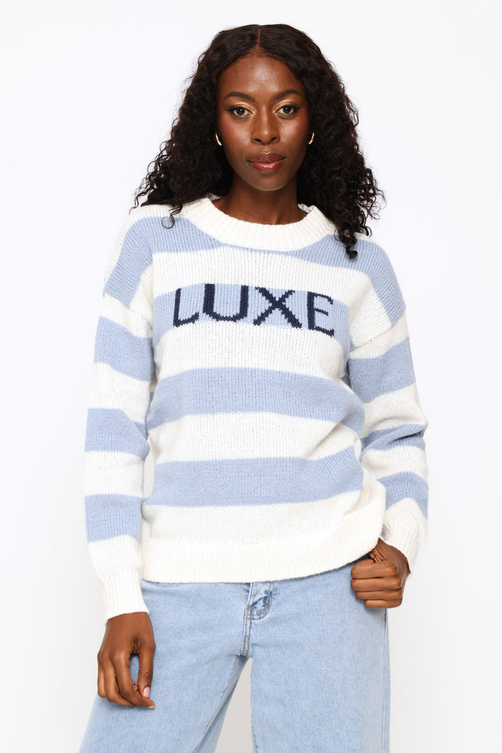 Long Sleeve Slogan Sweater - White/Blue
