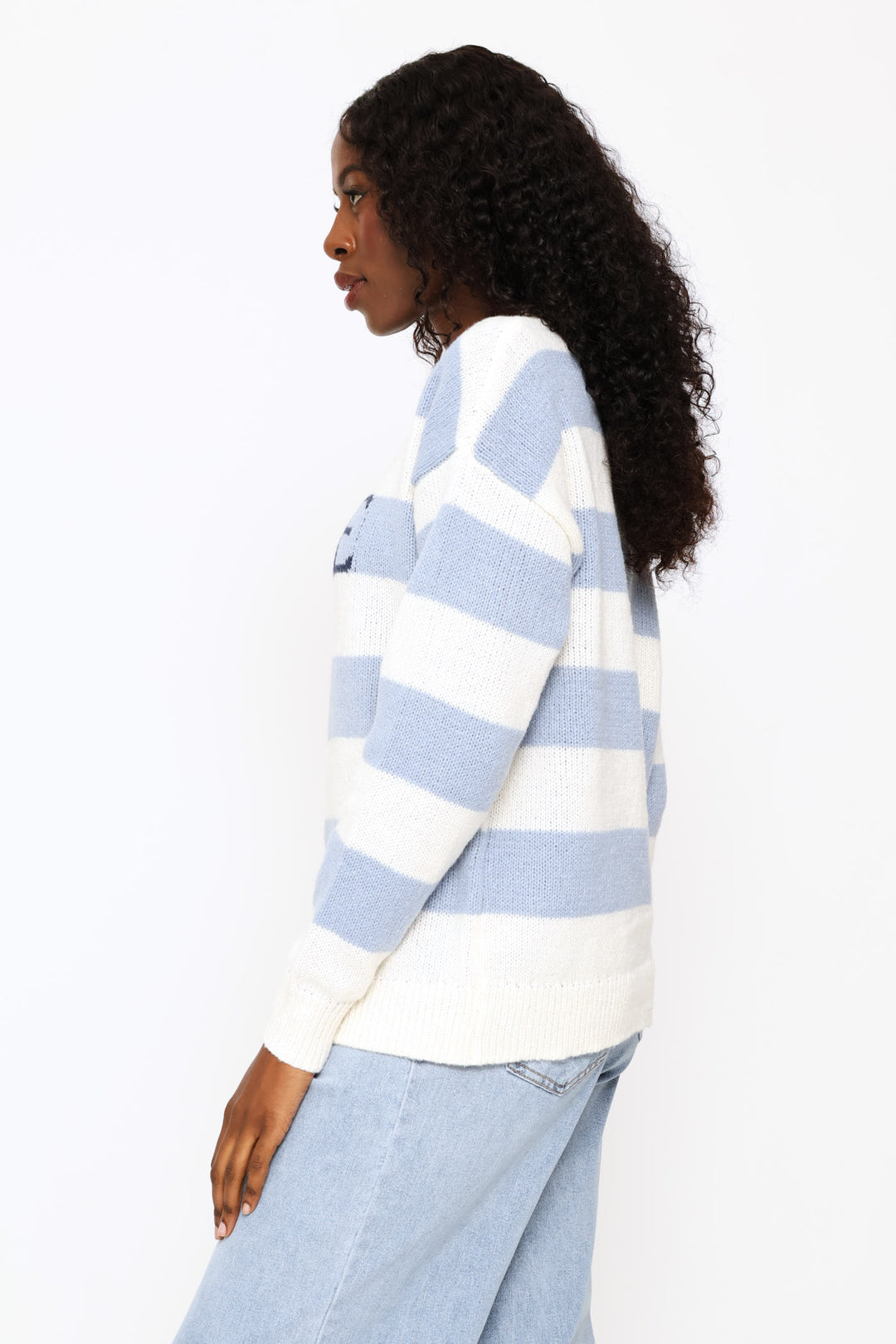 Long Sleeve Slogan Sweater - White/Blue