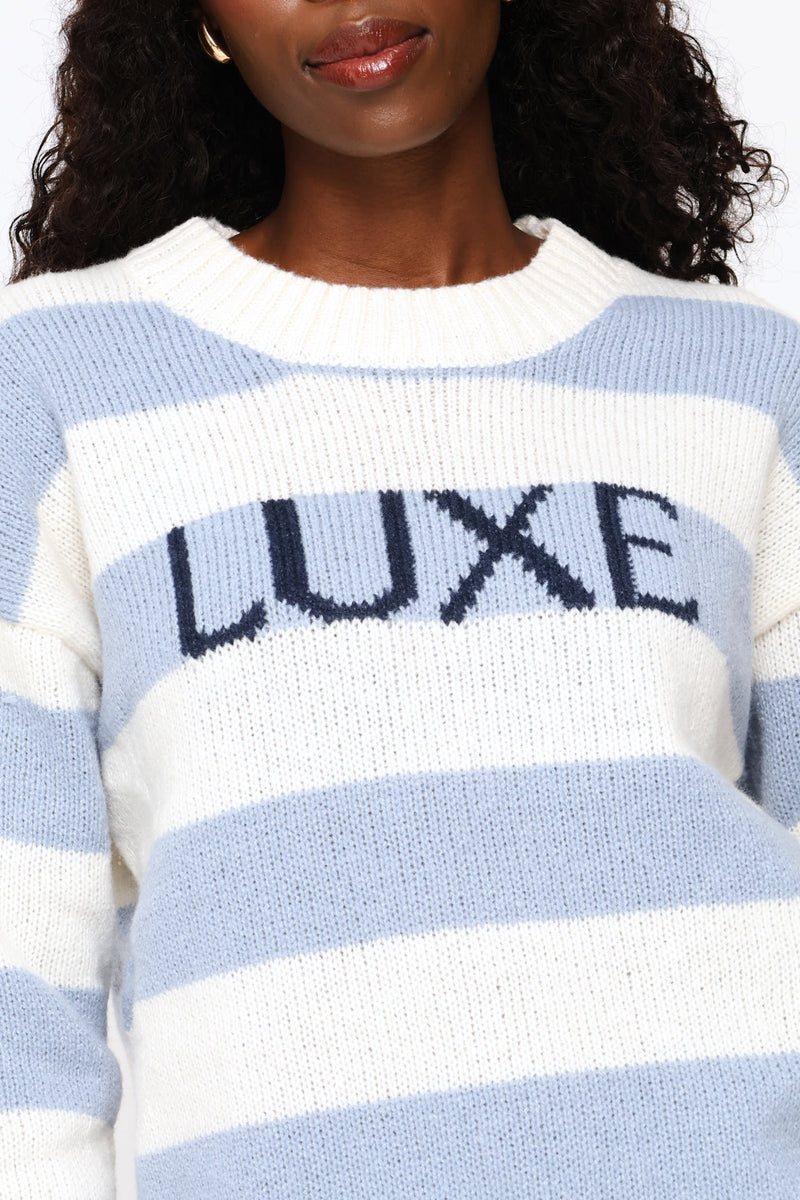 Long Sleeve Slogan Sweater - White/Blue