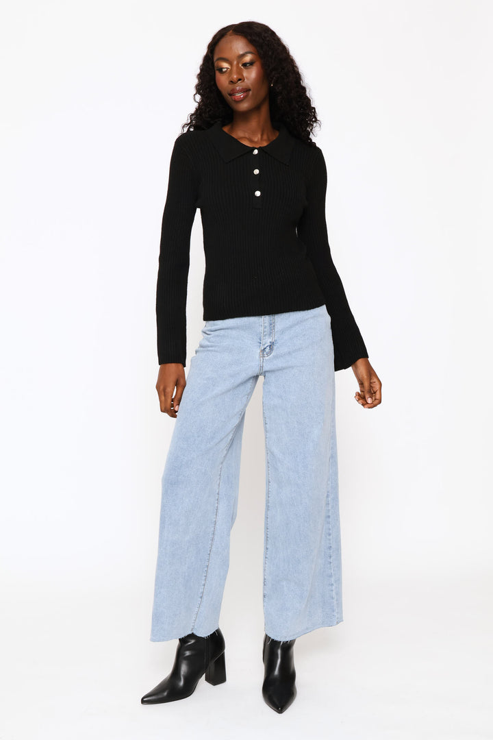 Long Sleeve Quarter Button Pullover - Black