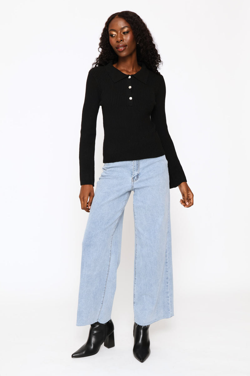 Long Sleeve Quarter Button Pullover - Black