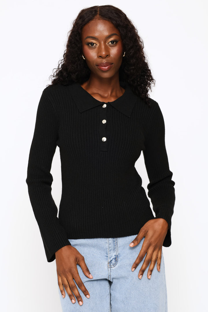 Long Sleeve Quarter Button Pullover - Black