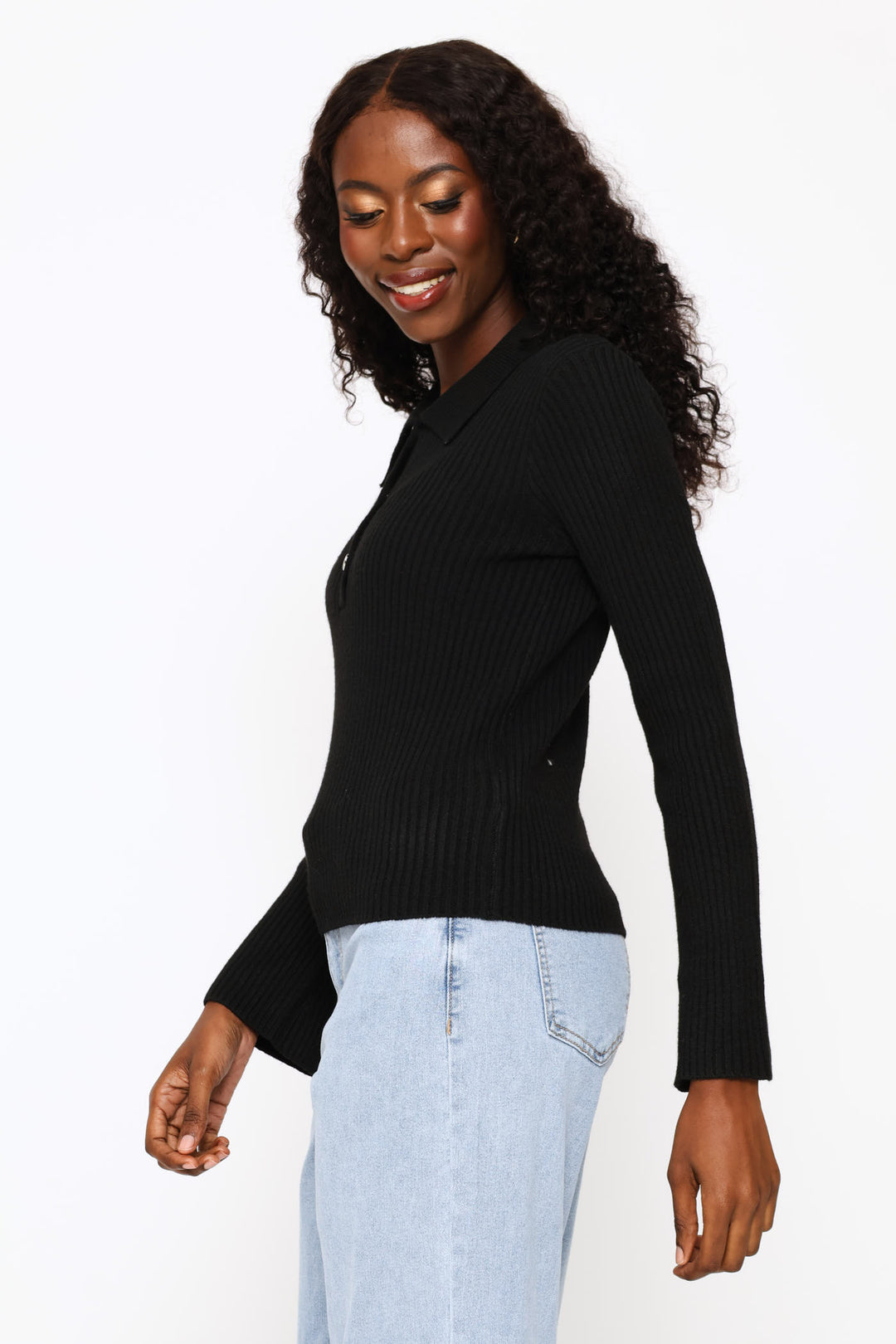 Long Sleeve Quarter Button Pullover - Black
