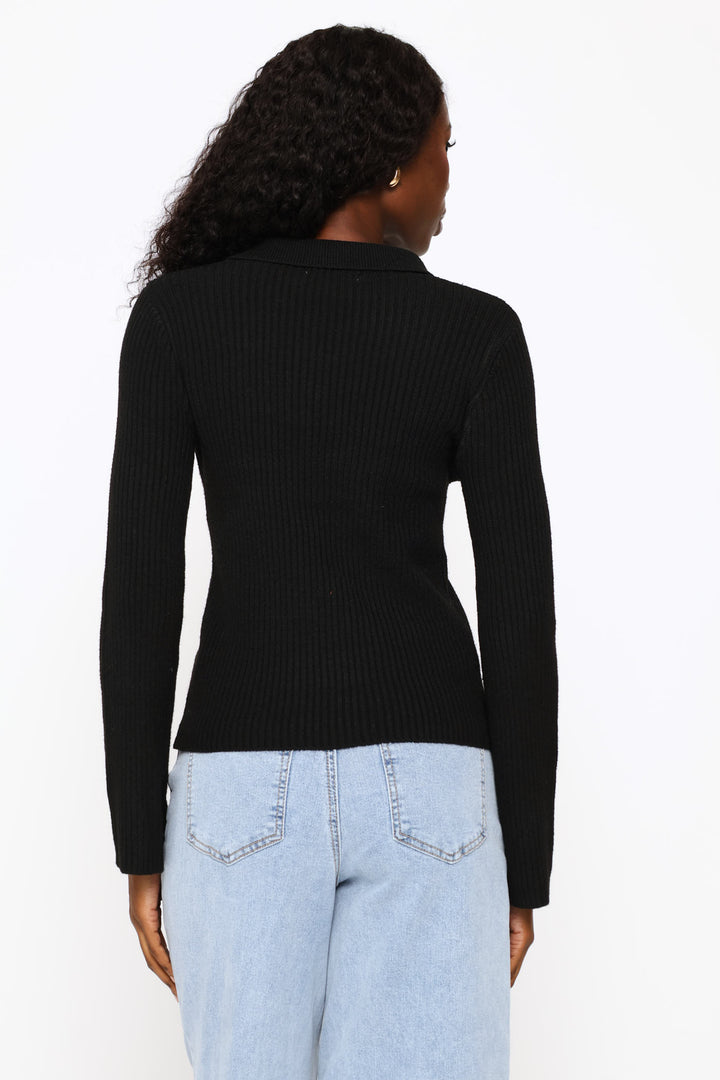 Long Sleeve Quarter Button Pullover - Black