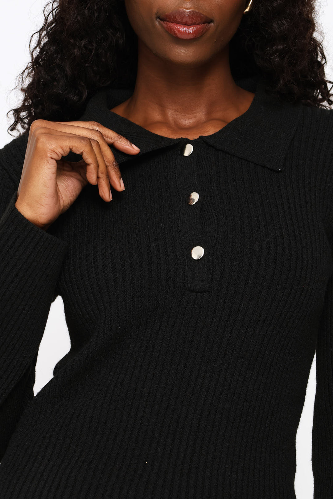 Long Sleeve Quarter Button Pullover - Black