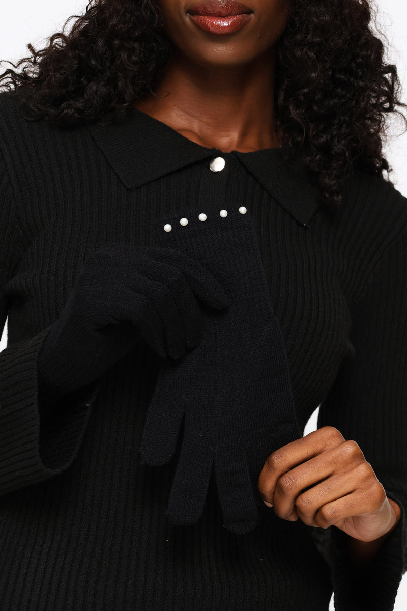 Pearl Bead Beanie & Glove Set - Black