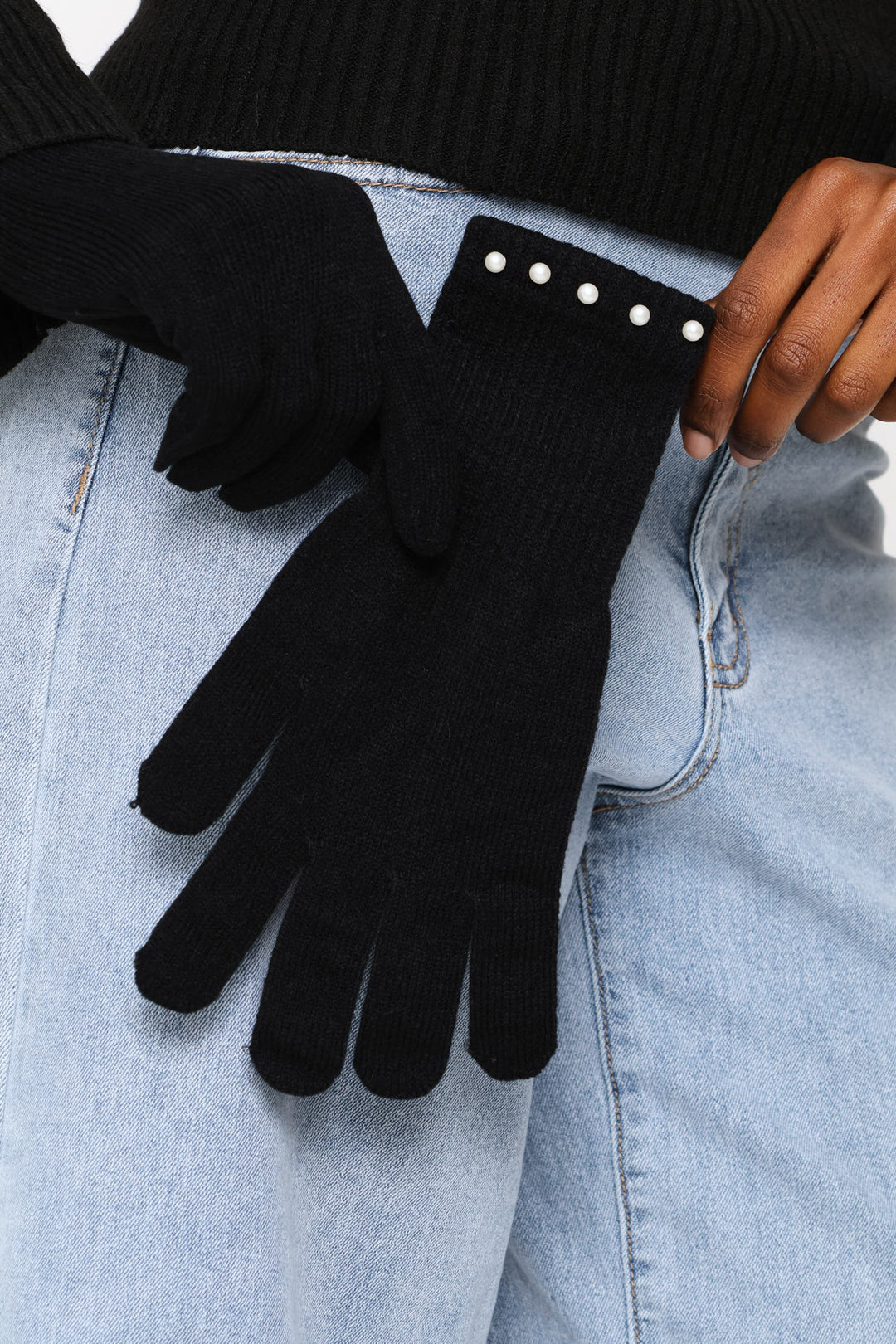 Pearl Bead Beanie & Glove Set - Black