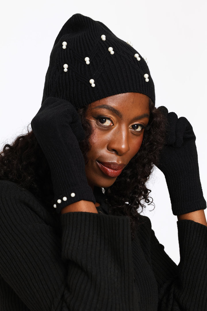 Pearl Bead Beanie & Glove Set - Black