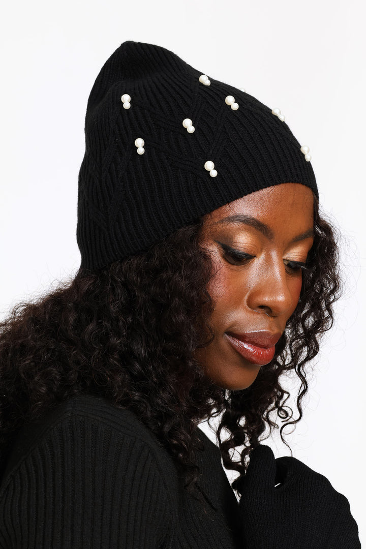 Pearl Bead Beanie & Glove Set - Black