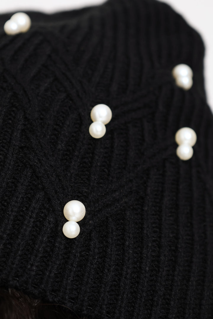 Pearl Bead Beanie & Glove Set - Black