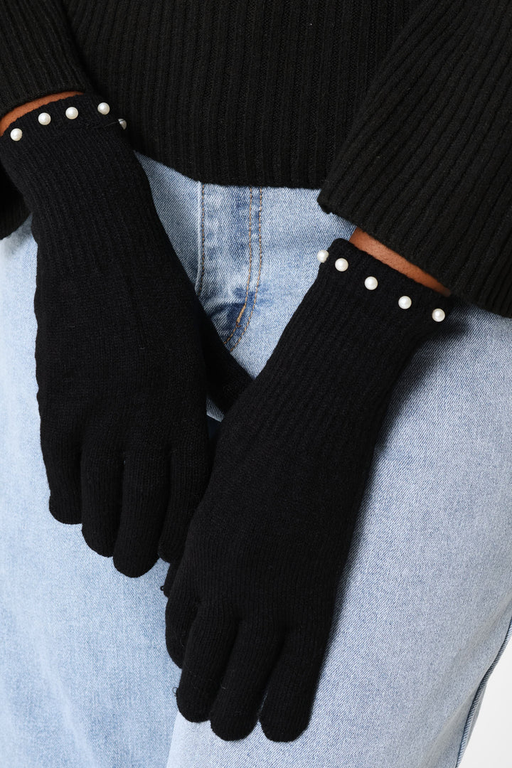 Pearl Bead Beanie & Glove Set - Black