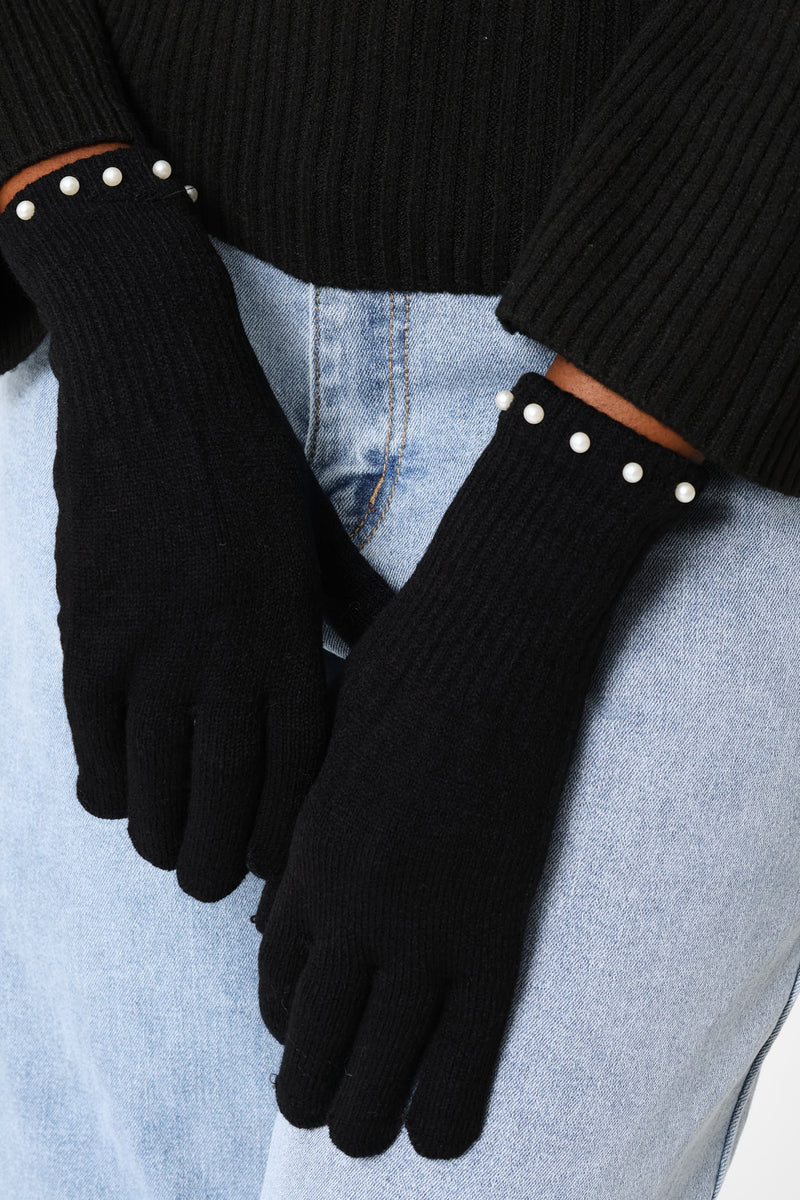 Pearl Bead Beanie & Glove Set - Black