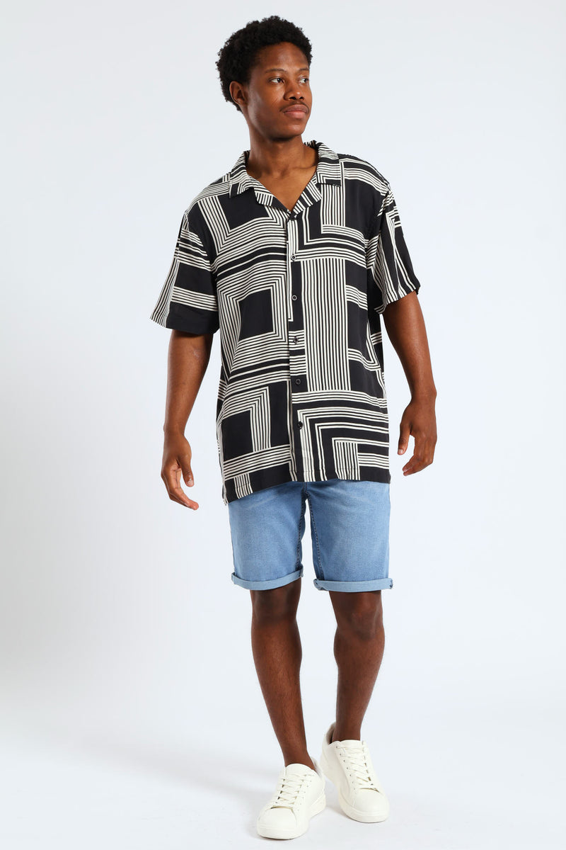 Geo Print Viscose Shirt - Black