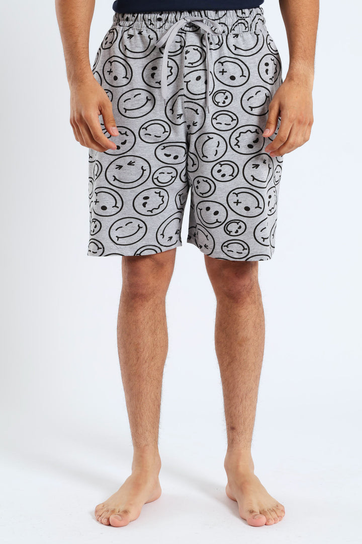 Smiley Faces Print Knit Shorts - Grey Melange