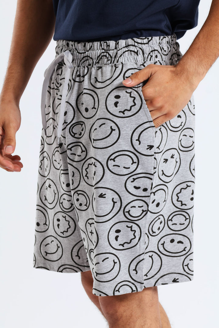 Smiley Faces Print Knit Shorts - Grey Melange