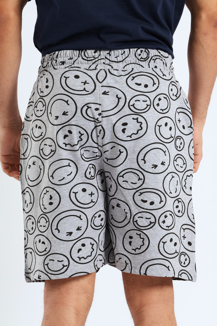 Smiley Faces Print Knit Shorts - Grey Melange